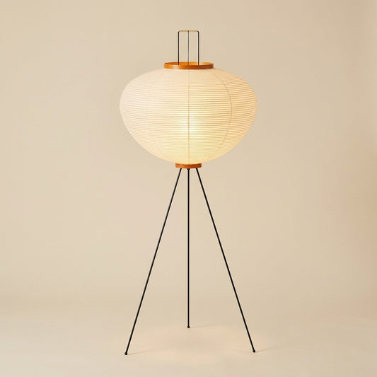 Noguchi Akari style tripod floor lamp with rice paper shade and wooden ring
