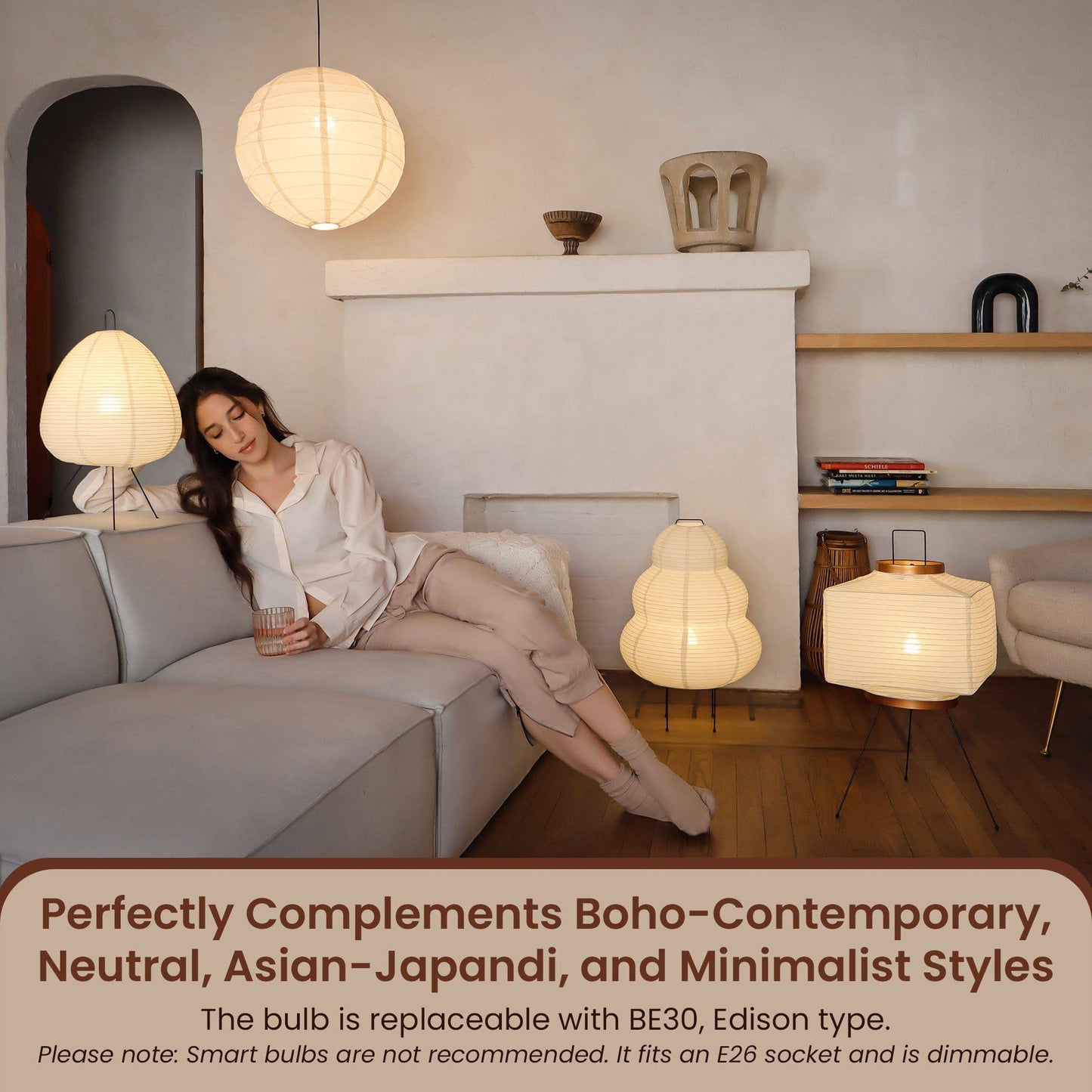 NOGY Paper Lamp with Black Design • Lantern Lamp • Rice Paper Lantern Lamp • Japanese Lamp • White Paper Lamp (Black/White) - NOGY