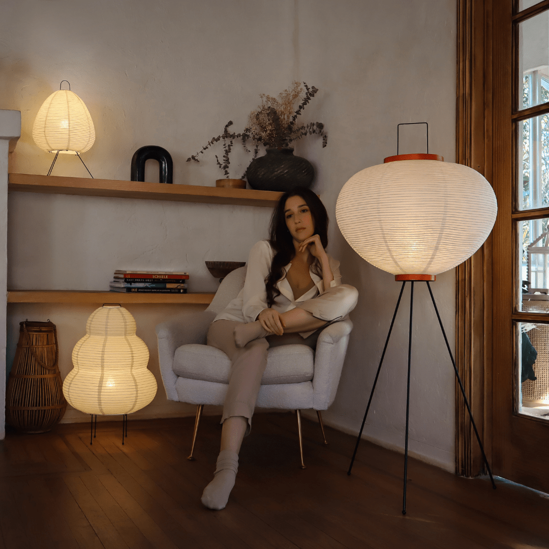 NOGY Round Tripod Floor Lamp, Tripod Washi Paper Floor Lamp, Lamp with Wooden Ring - NOGY
