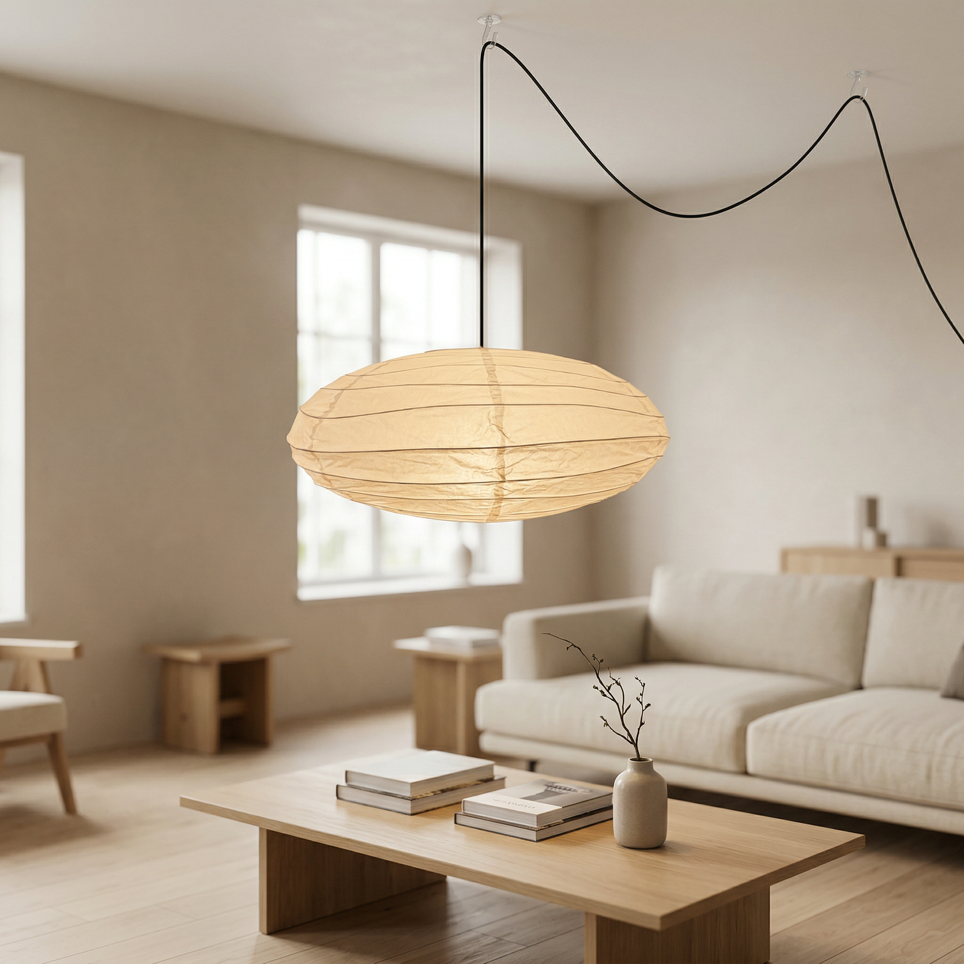 Oval paper lantern pendant light hanging in a modern minimalist living room, illuminating a light grey sofa and wooden coffee table.
