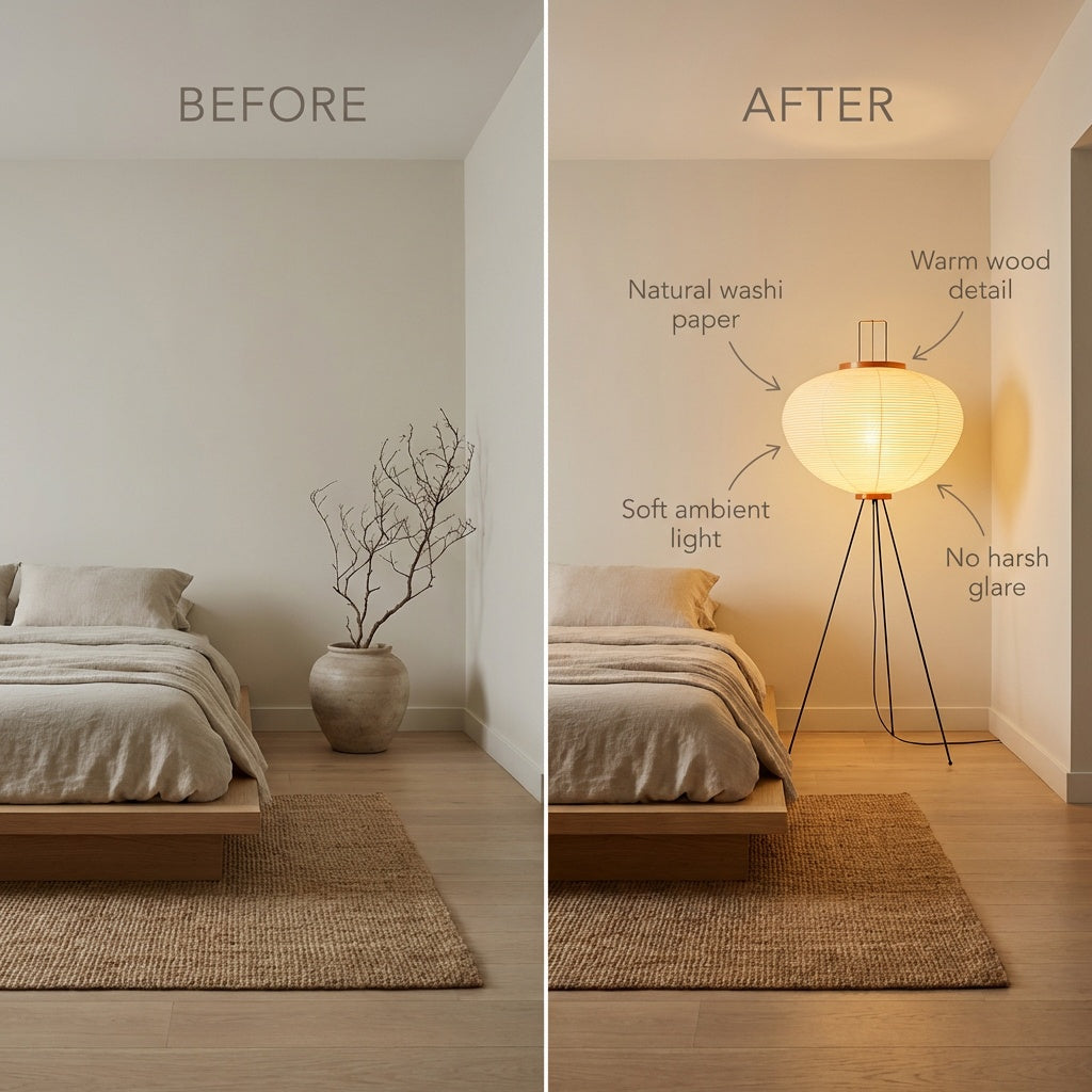 Before and after comparison showing soft ambient light from a paper floor lamp
