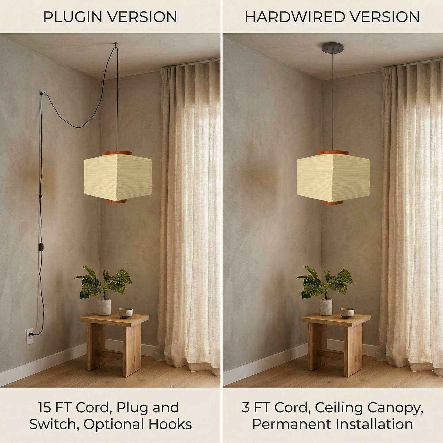 Comparison of Japandi-style rectangular pendant lamp with off-white washi paper shade and wooden rings, showing plugin version with 15 ft cord and switch, and hardwired version with 3 ft cord and ceiling canopy in minimalist room