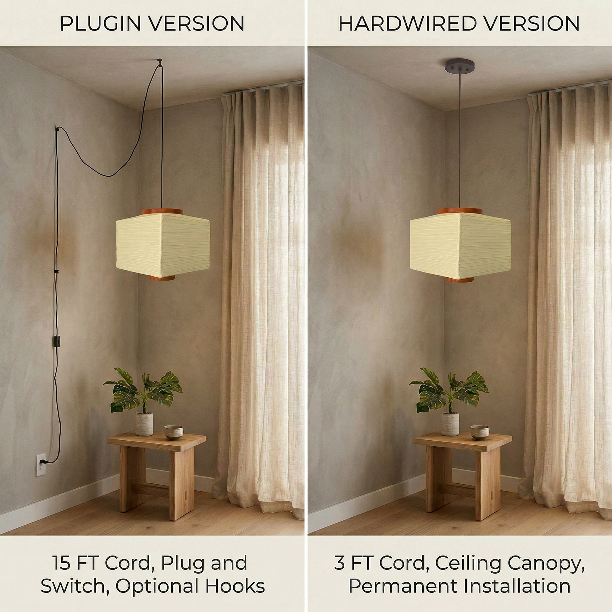 Comparison of Japandi-style rectangular pendant lamp with off-white washi paper shade and wooden rings, showing plugin version with 15 ft cord and switch, and hardwired version with 3 ft cord and ceiling canopy in minimalist room
