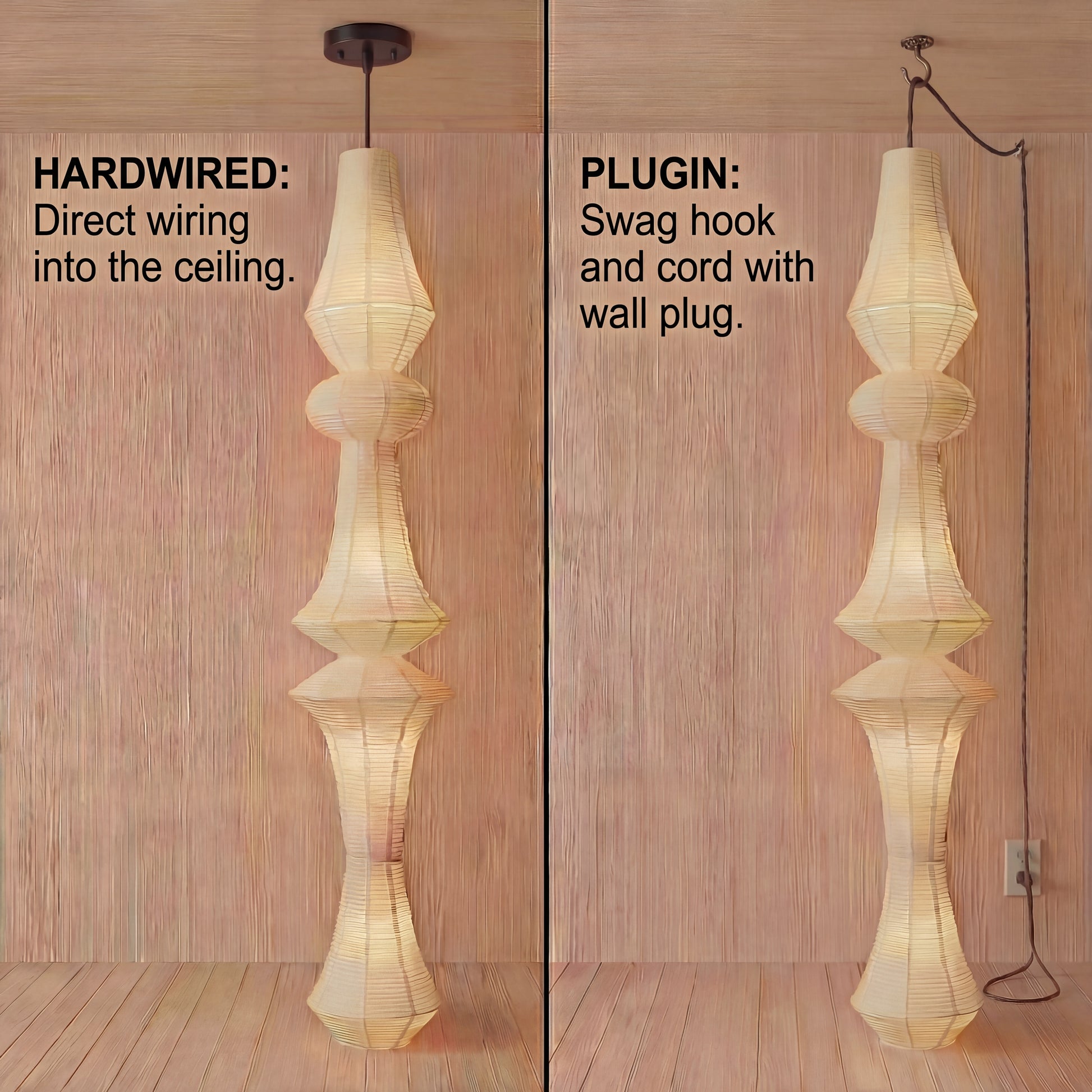 Hardwired vs. plug-in installation guide for artisanal Japanese sculptural pendant lights.