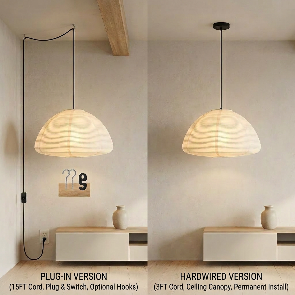 Comparison of Japanese rice paper pendant light showing plug-in version with 15ft cord and hardwired version with ceiling canopy.
