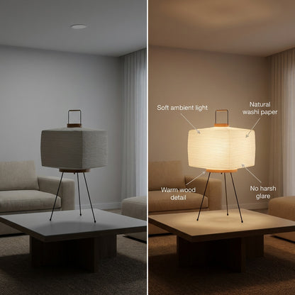 A before and after comparison of a square washi paper floor lamp, off in a dark room vs on with soft ambient light and no glare.