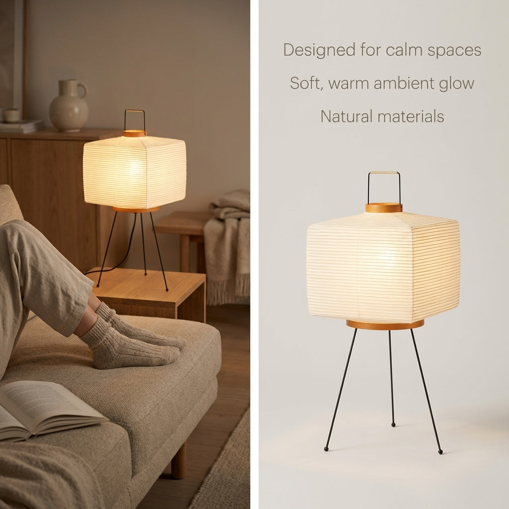 Square paper floor lamp illuminating a calm living room space with a sofa and side table.