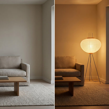 Minimalist living room with tripod floor lamp turned off