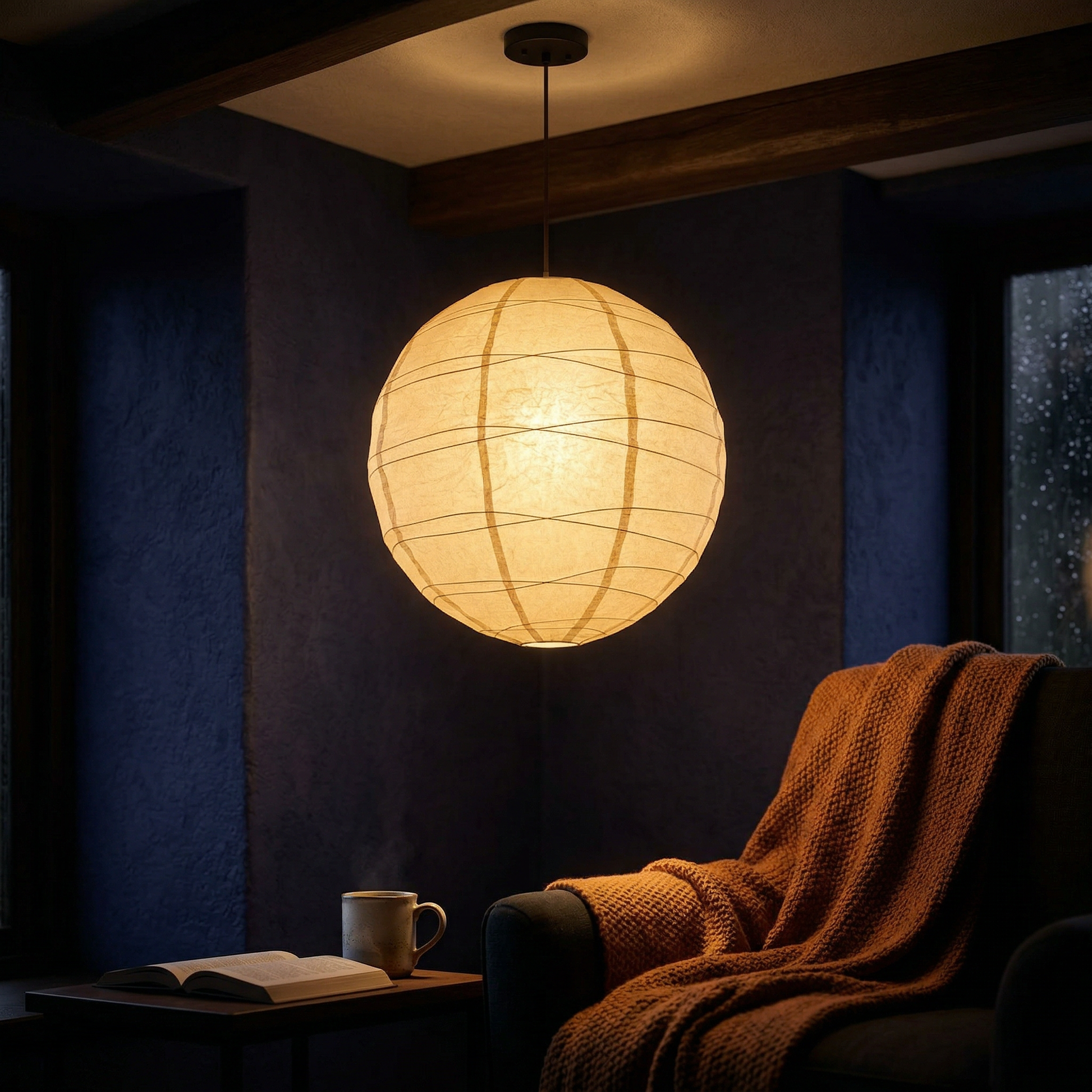 A warm glow rice paper globe pendant lantern in a cozy Japandi living room at night with dark walls