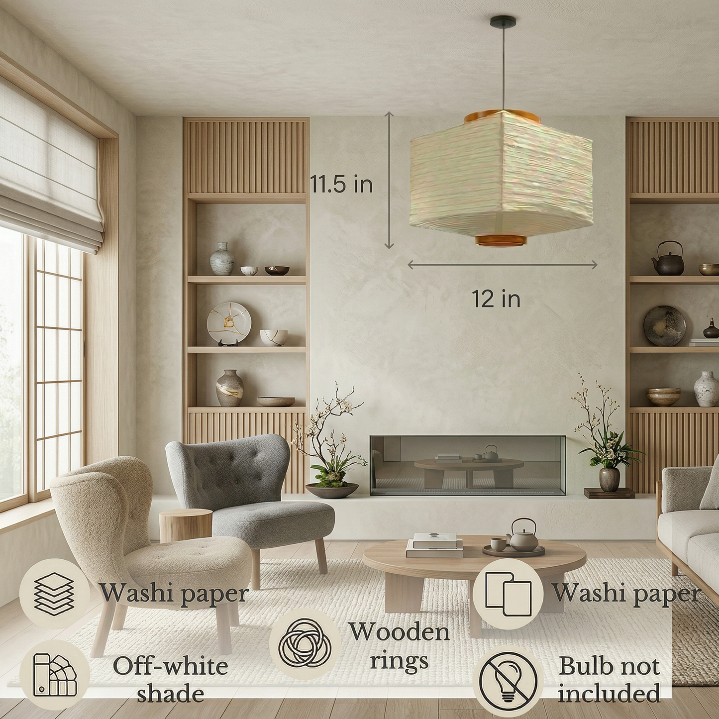 An off-white washi paper pendant light with wooden rings in a minimalist living room, annotated with dimensions of 11.5 inches high by 12 inches wide and noting the bulb is not included.