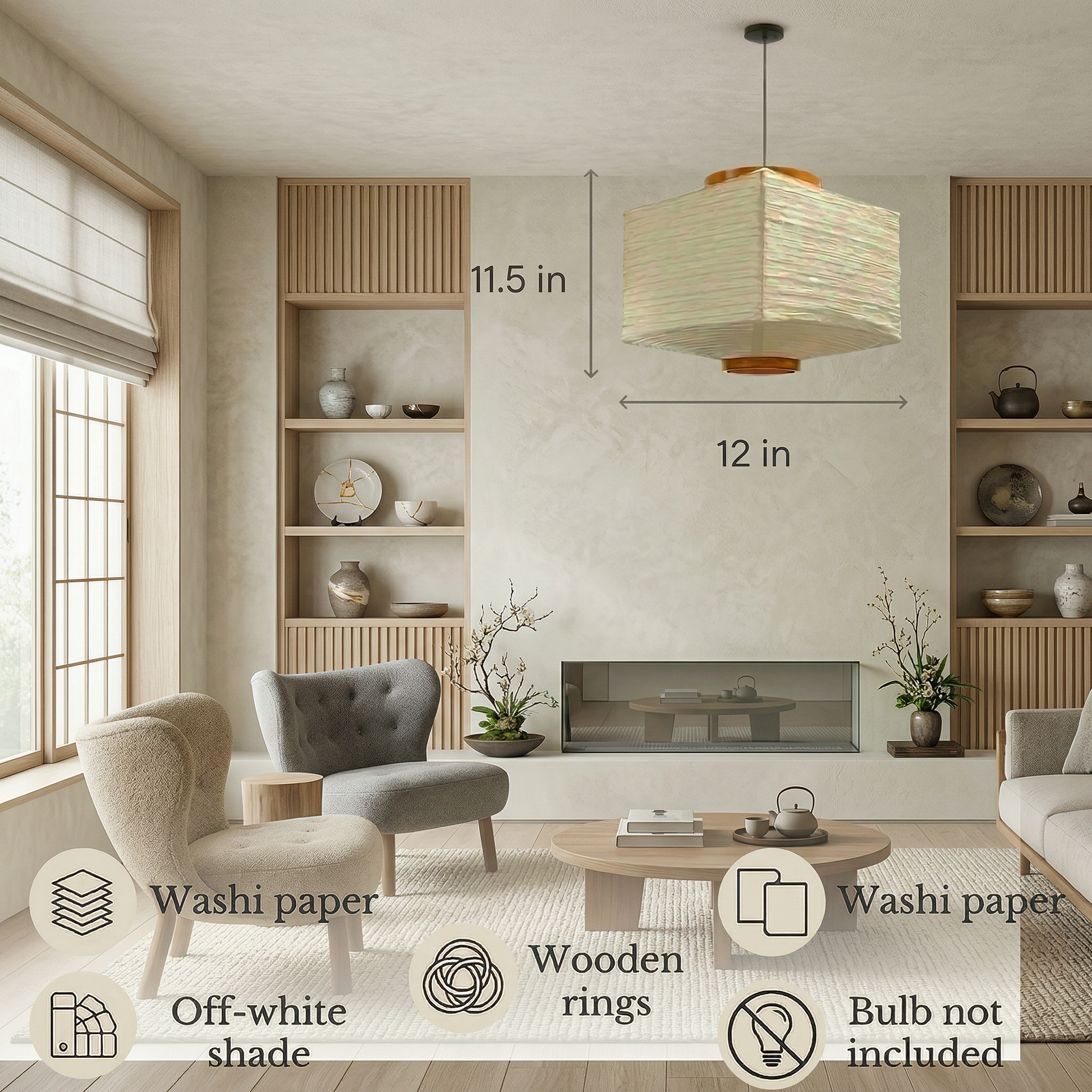 An off-white washi paper pendant light with wooden rings in a minimalist living room, annotated with dimensions of 11.5 inches high by 12 inches wide and noting the bulb is not included.