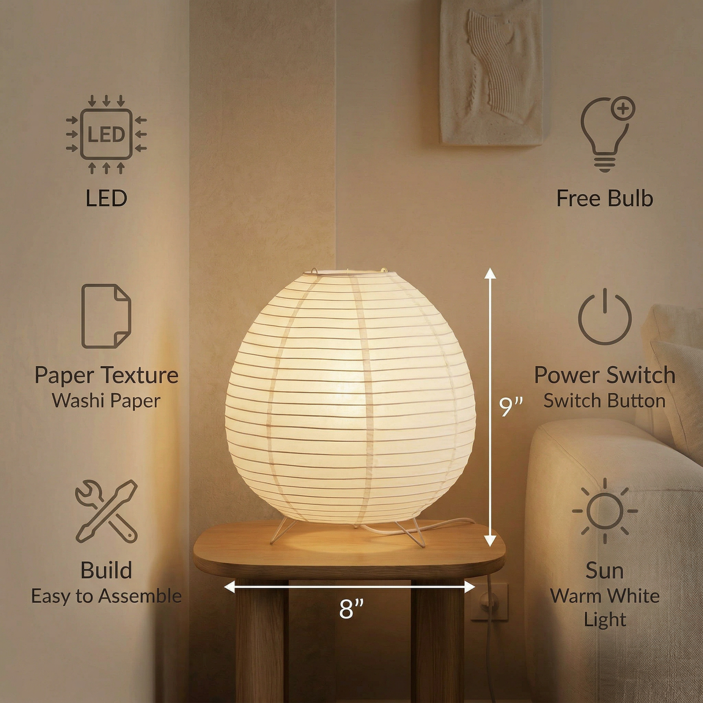 Infographic showing specifications for a small Washi paper table lamp: 9 inches tall, 8 inches wide, LED bulb included, and easy assembly.