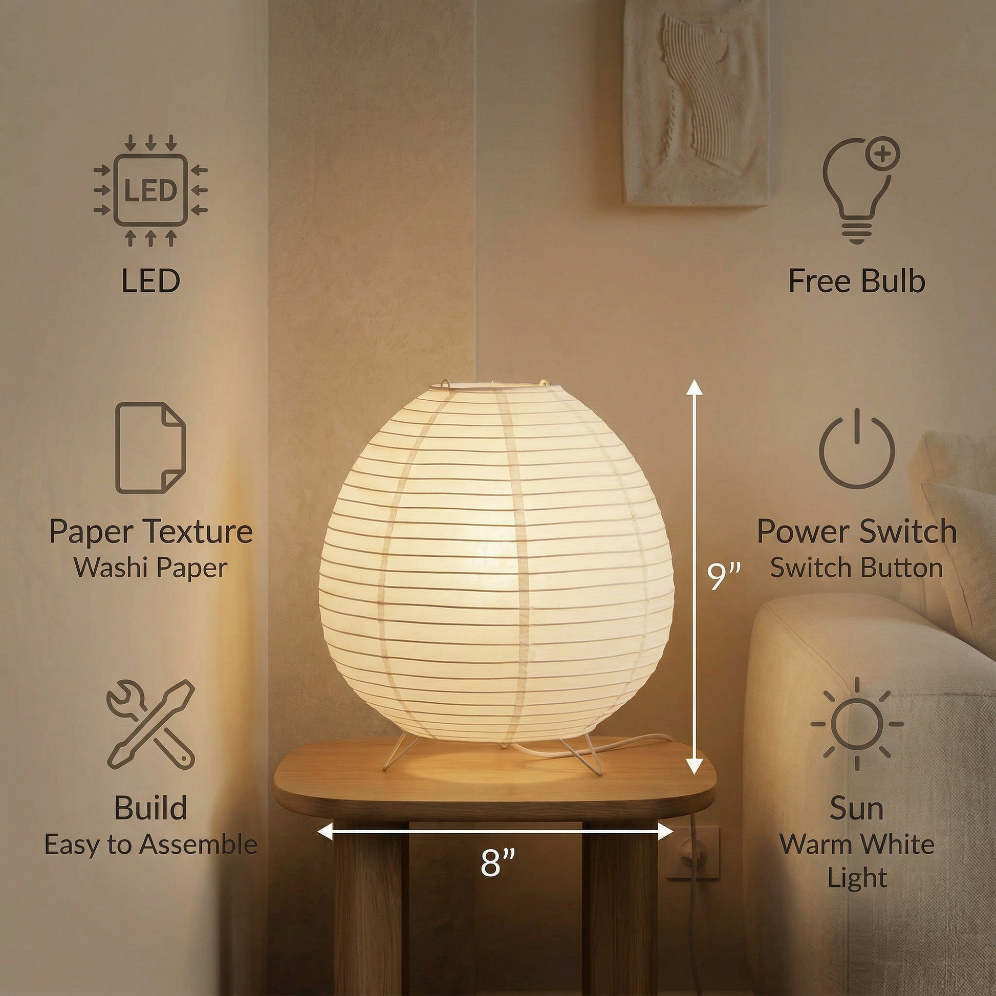Infographic showing specifications for a small Washi paper table lamp: 9 inches tall, 8 inches wide, LED bulb included, and easy assembly.